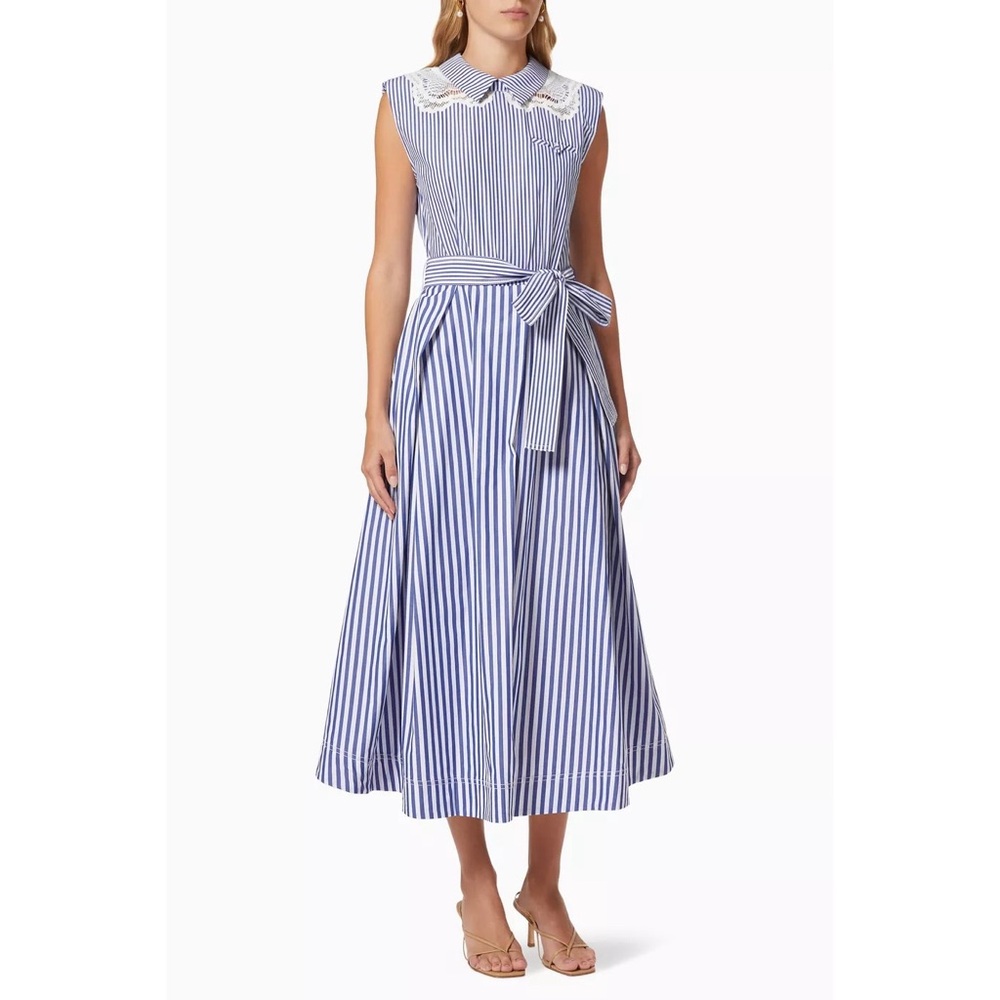 Self-Portrait Embroidered Stripe Cotton Midi Dress
